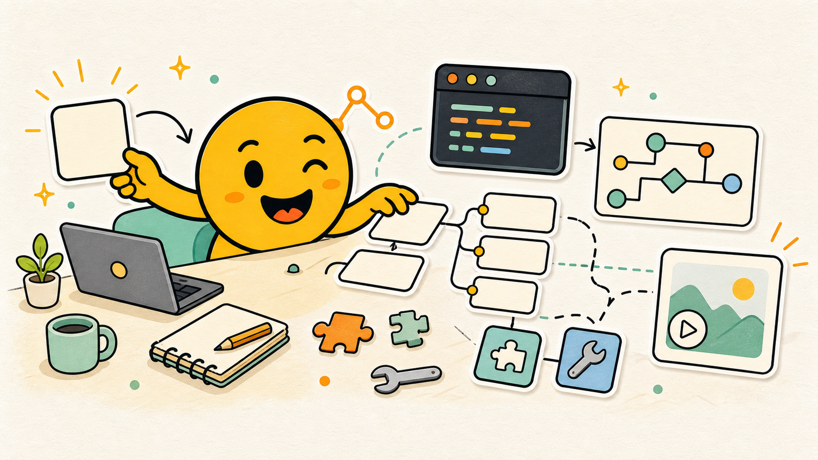 Mascot building an AI Agent toolchain from idea cards to demo cards
